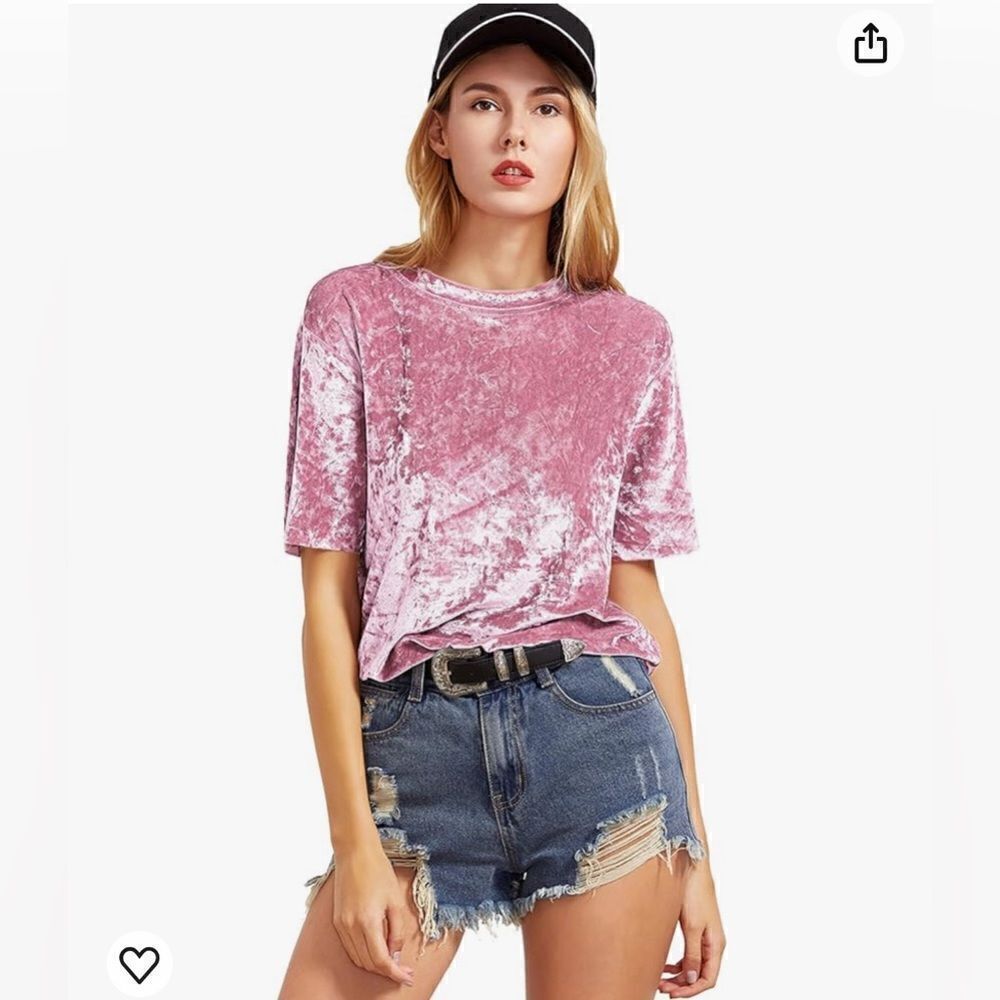 Women's Velvet Raw Edge O Neck Short Sleeve Casual TShirt Tee Top Blouse Pink XS